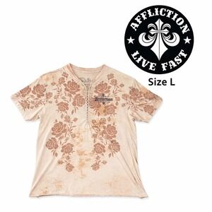 Affliction Womens Lace Up V-Neck T-Shirt Large Tan Floral Angel Wings GUC